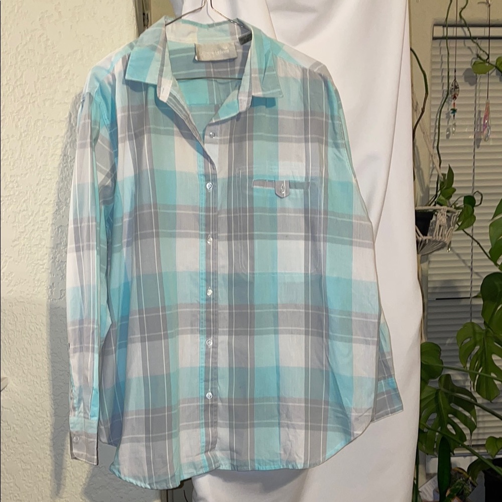 Blue and Gray Button Down Shirt with Plaid Pattern